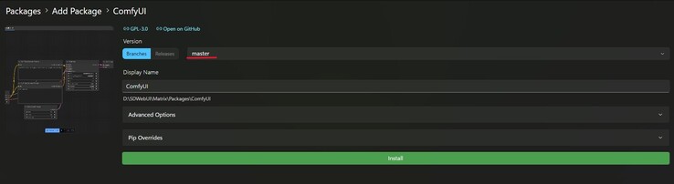 Capture d'écran du hub ComfyUI pour l'installation dans Stability Matrix, avec une surbrillance rouge sur le menu déroulant de sélection de la construction. (Source de l'image : Windows Screen Capture)