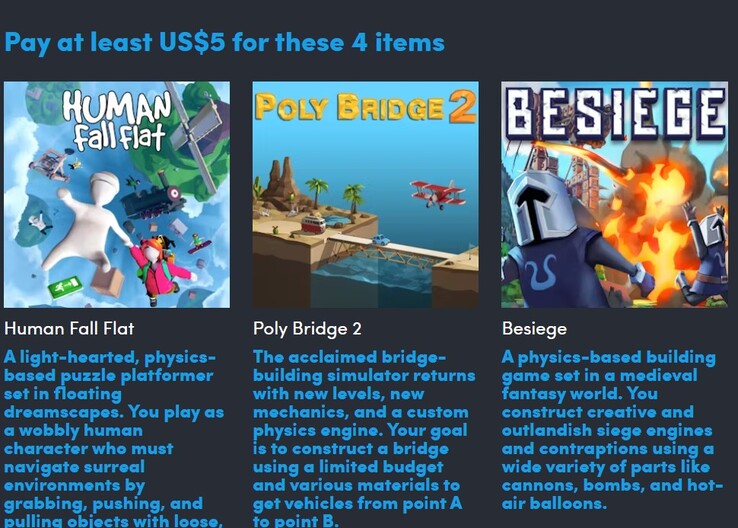 Affiches et descriptions des jeux. En payant 5 $, vous obtenez 4 des 9 jeux (Source de l'image : Humble Bundle)