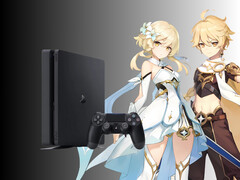 Les personnages de Genshin Impact à côté de la PS4 (Image source : Cognosphere, Sony PlayStation avec modifications)