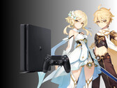 Les personnages de Genshin Impact à côté de la PS4 (Image source : Cognosphere, Sony PlayStation avec modifications)