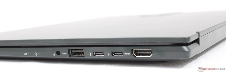 A droite : casque de 3,5 mm, USB-A 3.2 Gen. 1, 2x USB-C avec Thunderbolt 4 + DisplayPort + Power Delivery, HDMI 2.0b