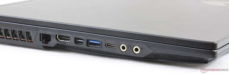 Côté gauche : Gigabit RJ-45, HDMI 2.0, mini DisplayPort 1.2, USB 3.1 Gen. 2, USB C 3.1 Gen.2, prise écouteurs 3,5 mm, 3,5 mm SPDIF (HiFi ESS Sabre).