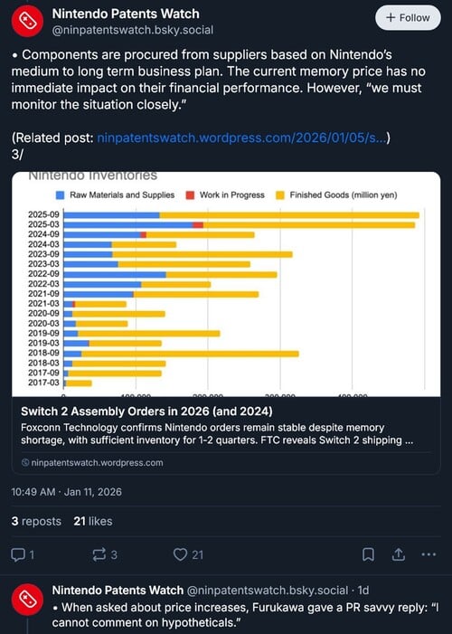 Article de Nintendo Patents Watch sur l'interview de Shuntaro Furukawa (Source de l'image : capture d'écran, compte Bluesky de Nintendo Patents Watch)