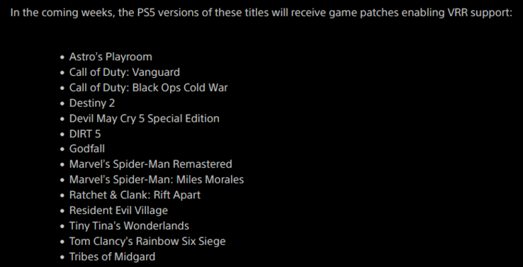 Liste des titres PS5 qui bénéficieront initialement du support VRR (image via Sony)