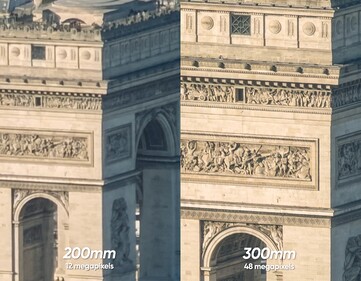 iPhone 17 Pro 12MP zoom 8x dans le capteur (gauche) vs 48MP zoom 12x avec l'objectif 300-600mm (c'est l'objectif + le zoom optique 4x/100mm = 300mm).