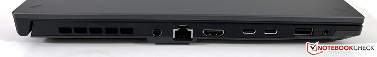 à gauche : alimentation, ethernet, HDMI 2.1 FRL, USB-C 4.0 (40 GBit/s, DisplayPort, Power Delivery), USB-C 3.2 Gen.2 (10 GBit/s, Power Delivery, DisplayPort, G-Sync), USB-A 3.2 Gen.1 (5 GBit/s), prise casque 3.5