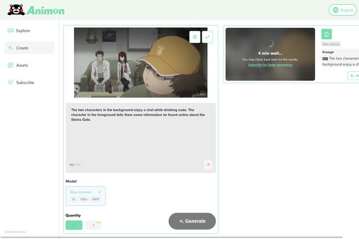 Lors d'un test d'Animon.ai sur une image fixe de Steins;Gate demandant d'animer les personnages d'avant-plan et d'arrière-plan, seul le personnage d'avant-plan a été animé avec succès. (Source de l'image : Animon)