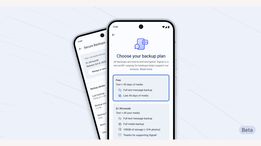 La fonction de sauvegarde sécurisée de Signal est présentée sur l'application bêta Android. Elle offre des sauvegardes chiffrées de messages et de médias avec des formules gratuites et payantes. (Source de l'image : Signal)