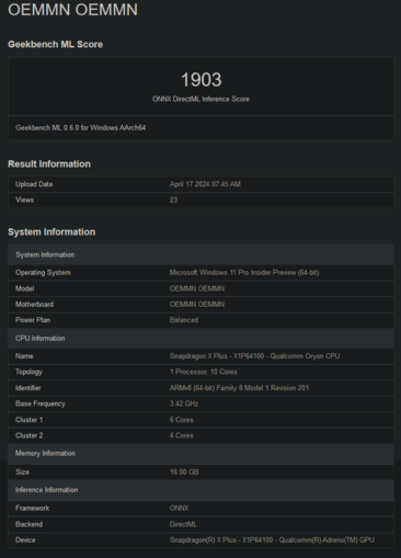 Snapdragon X Plus X1P64100 scores Geekbench (image via Geekbench)