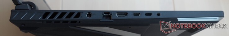Côté gauche : Alimentation électrique, RJ45-LAN, HDMI 2.1, Thunderbolt 4 (y compris DisplayPort), USB-C 3.2 Gen2 (y compris DisplayPort, Power Delivery, G-Sync), prise audio combinée de 3,5 mm.