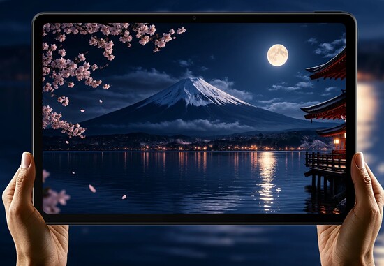Des mains tiennent une tablette affichant une vue nocturne