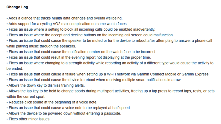 Les notes de mise à jour de la version bêta 15.07 pour les smartwatches Forerunner 570 et Forerunner 970. (Source de l'image : Garmin)