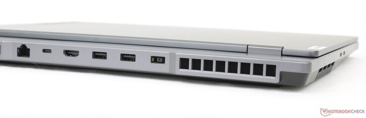 Arrière : Gigabit RJ-45, USB-C 3.2 Gen. 2 avec DisplayPort 1.4 + Power Delivery, HDMI 2.1, 2x USB-A 3.2 Gen. 1, adaptateur secteur