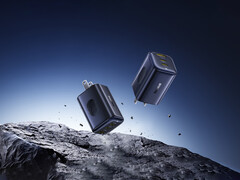 Le nouveau PicoGo 67 W AE11 coûte 39,99 $. Sur la photo : Une photo promotionnelle du chargeur rapide flottant dans l'air au-dessus de rochers. (Source de l'image : Baseus)