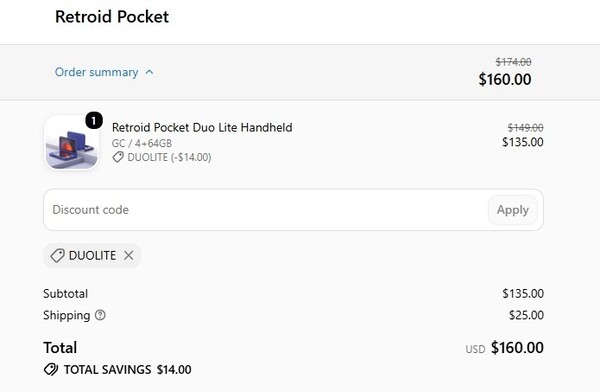 Le code promo permet de bénéficier d'une réduction de 14 $ sur le prix du Retroid Pocket Duo Lite.