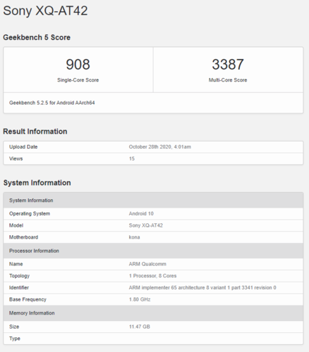 Le Xperia 1 II avec 12 Go de RAM. (Source de l'image : Geekbench)