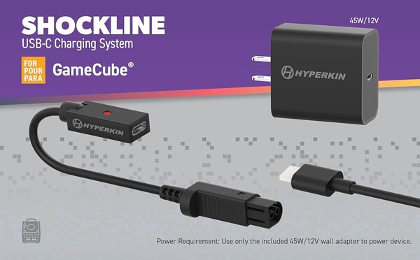 Le kit Hyperkin Shockline pour GameCube est livré avec un adaptateur USB-C de 45 W.