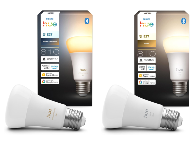 Les ampoules intelligentes Philips Hue A60 E27 White ambiance (à gauche) et White (à droite) 810. (Source de l'image : Philips Hue)