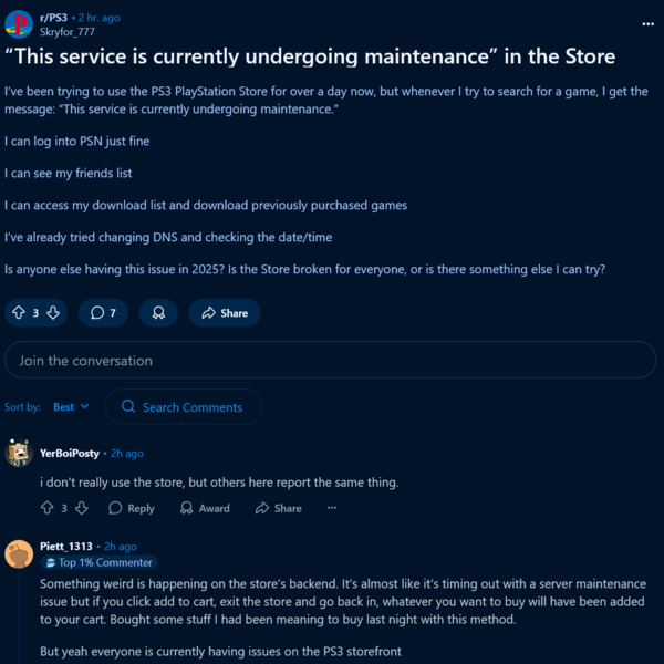 Reddit post on PS3 PlayStation Store downtime (Image source : screenshot, PlayStation 3 subreddit)