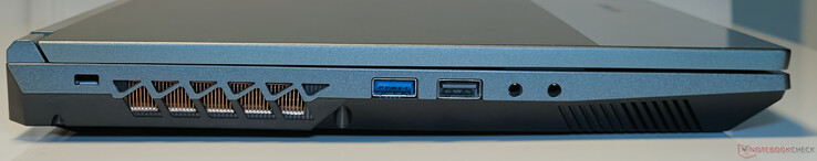À gauche : fente de verrouillage Kensington, USB 3.2 Gen1 Type-A, USB 2.0 Type-A, Line-in, prise audio combo CTIA 3,5 mm