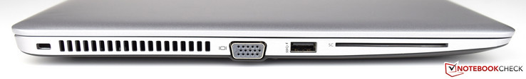 Côté gauche : verrou Kensington, grilles des ventilateurs, VGA, USB 3.0 (permet la charge), lecteur de smartcard.