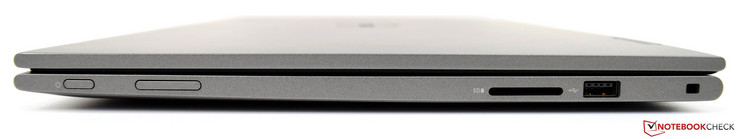 Côté droit : bouton de démarrage, volume, lecteur de carte SD 3-en-1, USB 2.0, verrou de sécurité Noble.
