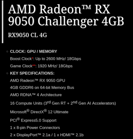 Capture d'écran de la page des caractéristiques techniques de la RX 9050 Challenger 4 Go
