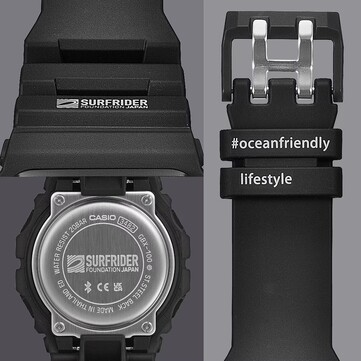 Parmi les détails subtils du design, on trouve le logo Surfrider Foundation Japan sur le fond du boîtier en acier inoxydable et le slogan #oceanfriendlylifestyle sur la boucle du bracelet.