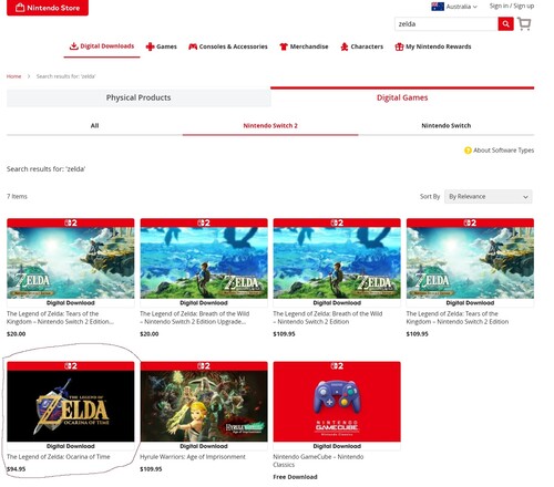 Prix du remake de « Zelda : Ocarina of Time » affiché sur la boutique Nintendo australienne