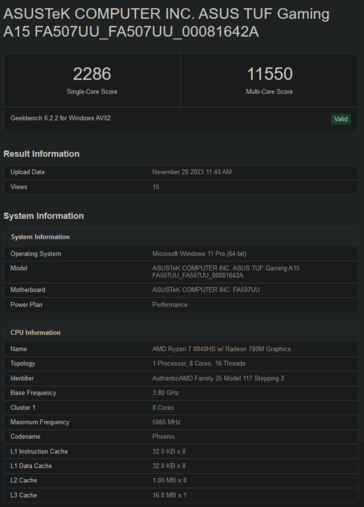 Scores Geekbench de l'AMD Ryzen 7 8840 (image via Geekbench)