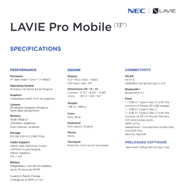 NEC Lavie Pro Mobile - Spécifications. (Source de l'image : Lenovo)