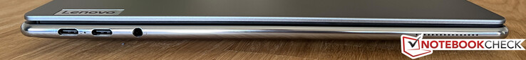Côté gauche : 2x USB-C 4.0 (40 Gbps, Power Delivery 3.0, DisplayPort Alt mode 1.4), 3.5 mm stéréo