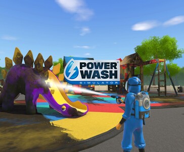 Un joueur de PowerWash Simulator nettoie un toboggan à dinosaures coloré dans une aire de jeux à l'aide d'un nettoyeur à haute pression. (Source de l'image : Square Enix Collective)