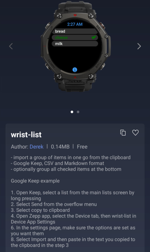 La mini application wrist-list pour les smartwatches Amazfit