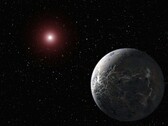 Illustration d'un artiste représentant une planète et une étoile rouge.