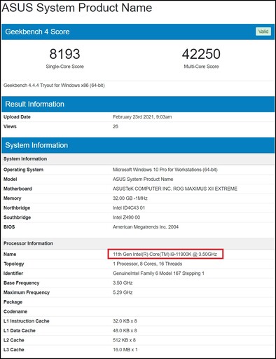 Intel Core i9-11900K. (Source de l'image : Geekbench 4)