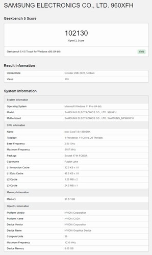 Le supposé Samsung Galaxy Book 3 Ultra avec Core i9-13900HK et RTX 4070 dans Geekbench OpenCL. (Source : Geekbench)