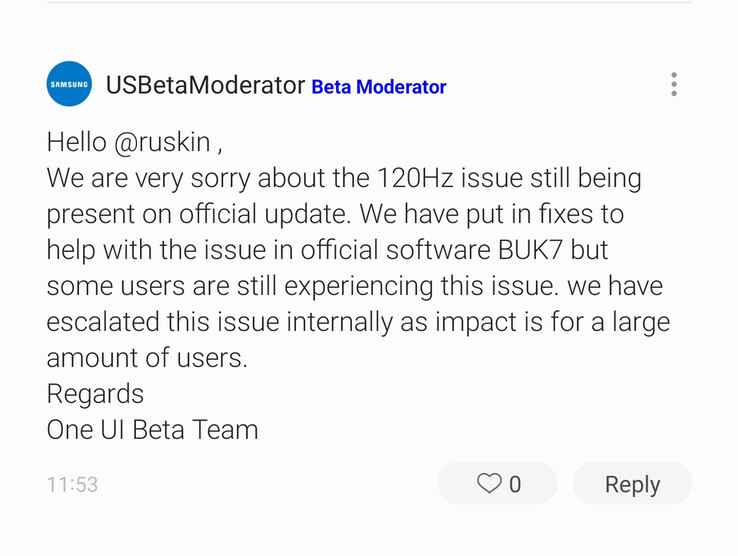 Un modérateur du forum Samsung aurait répondu à la plainte d'un utilisateur de la série S21 concernant le bug de One UI 4 120Hz. (Source : SamMobile)
