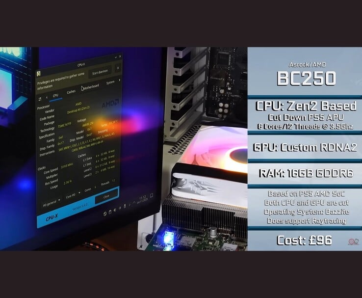 AMD BC250 fonctionnant dans une configuration de bureau, montrant les spécifications du système. (Source de l'image : Budget-Builds Official via YouTube)