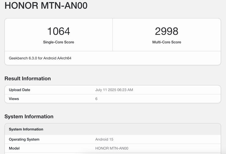 Le listing Geekbench 6 du Honor X70 révèle un potentiel de performance peu surprenant. (Source de l'image : Geekbench)