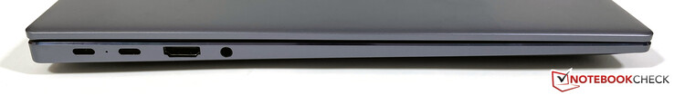 A gauche : 2x USB-C 3.2 Gen.2 (DisplayPort ALT mode, Power Delivery), HDMI 2.0, prise audio 3.5-mm