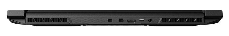 A l'arrière : 2 mini DisplayPort 1.4, HDMI 2.0, USB C 3.1 Gen1, entrée secteur.