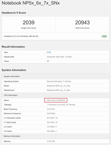 Intel Core i9-13900HX. (Image source : Geekbench)