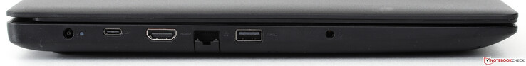 Côté gauche : entrée secteur, USB C 3.1, HDMI 1.4, Ethernet (rabattable), USB 3.0, écouteurs / micro.