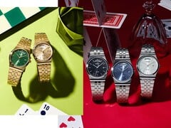 Image promotionnelle présentant la collection MTP-B146 de Casio, composée de montres en acier inoxydable argenté et doré, dotées de cadrans noirs, bleu clair, verts et couleur champagne, chacune comportant un affichage incurvé du jour à 12 heures.