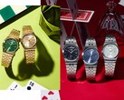 Image promotionnelle présentant la collection MTP-B146 de Casio, composée de montres en acier inoxydable argenté et doré, dotées de cadrans noirs, bleu clair, verts et couleur champagne, chacune comportant un affichage incurvé du jour à 12 heures.