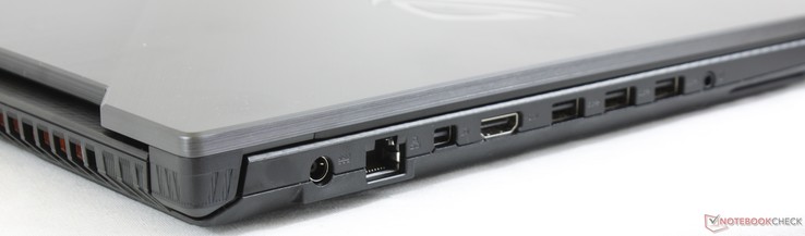 Côté gauche : entrée secteur, Gigabit RJ-45, mDP 1.2, HDMI 2.0, 3 USB A 3.1, combo audio 3,5 mm.