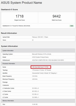 Intel Core i7-11700. (Source de l'image : Geekbench)