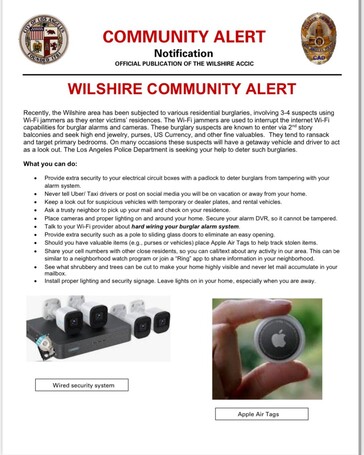 La police de Los Angeles met en garde les propriétaires de maisons contre les voleurs qui utilisent des brouilleurs Wi-Fi pour contourner facilement les systèmes de sécurité des maisons. (Source : LAPD on X)