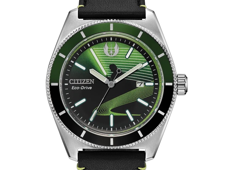 La montre Citizen Luke Skywalker, Master Jedi AW1910-48W, avec son cadran noir et vert, la silhouette de Luke Skywalker et son design inspiré du sabre laser vert.